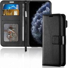(Black) TECHGEAR Apple iPhone 11 Pro Max Leather Wallet Case - Protective Flip Cover with Card Slots, Kickstand and Wrist Strap, PU Leather