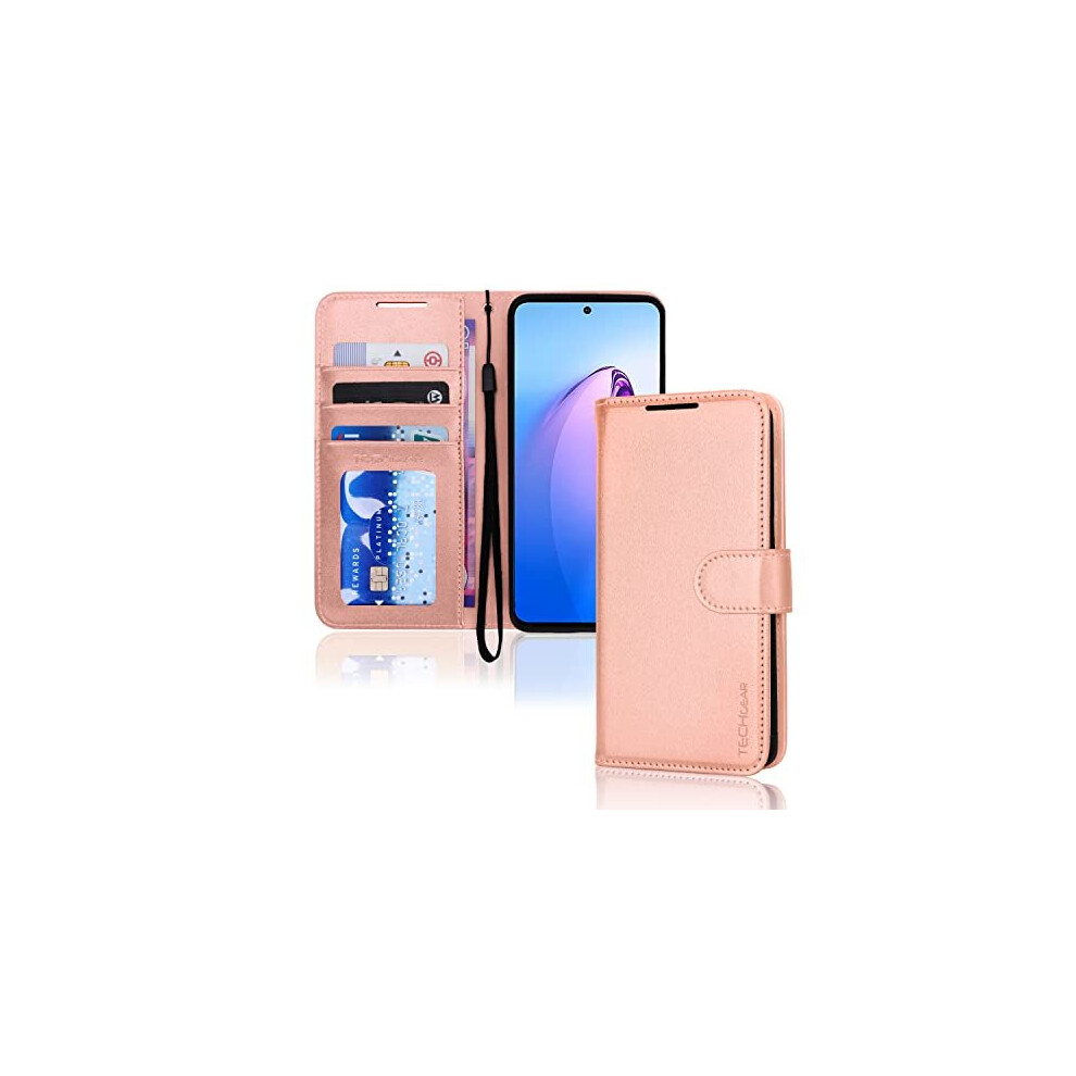 (Rose Gold) TECHGEAR PU Leather Wallet Case for Oppo Reno 8 Pro 5G, Flip Protective Case Cover with Wallet Card Holder, Stand & Wrist Strap, Magnetic