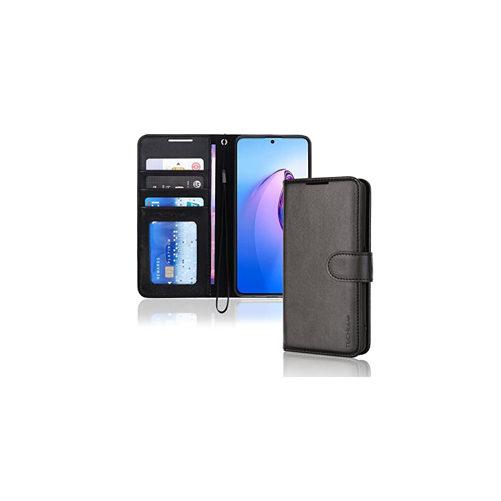 (Black) TECHGEAR PU Leather Wallet Case for Oppo Reno 8 Pro 5G, Flip Protective Case Cover with Wallet Card Holder, Stand & Wrist Strap, Magnetic Clos