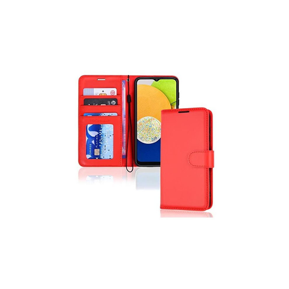 Techgear (Red) Galaxy A03 Leather Wallet Case, Flip Protective Case Cover With Wallet Card Holder, Stand And Wrist Strap - Pu Leather With Magnetic Cl