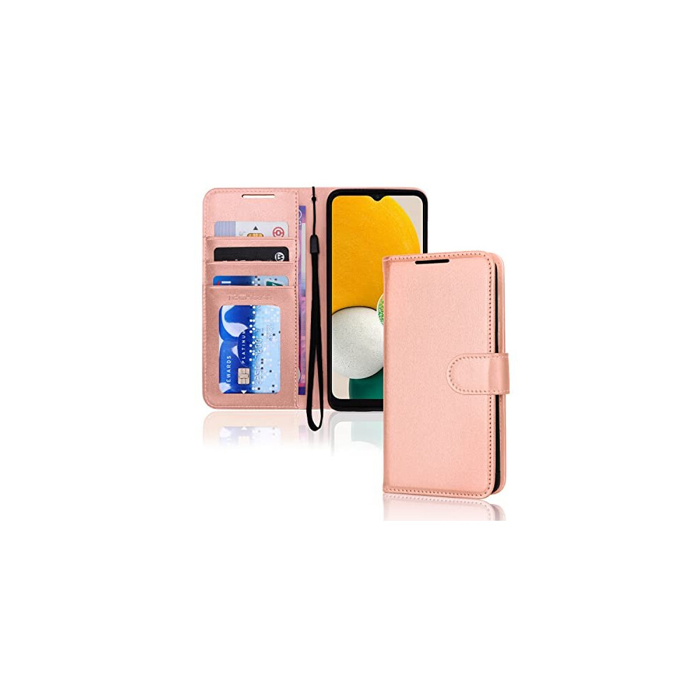 (Rose Gold) Samsung Galaxy A04s / A13 5G PU Leather Wallet Case, Flip Protective Case Cover with Wallet Card Holder, Stand and Wrist Strap with Magnet