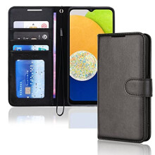 (Black) TECHGEAR Galaxy A03 Leather Wallet Case, Flip Protective Case Cover with Wallet Card Holder, Stand and Wrist Strap - PU Leather with Magnetic Closure