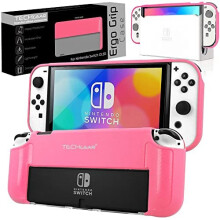 (Pink) TECHGEAR Ergo Grip Case for Nintendo Switch OLED, Soft Protective TPU Silicone Back Cover, Comfort Padded Hand Grips Dock, Stand & Joy-Con Compatible