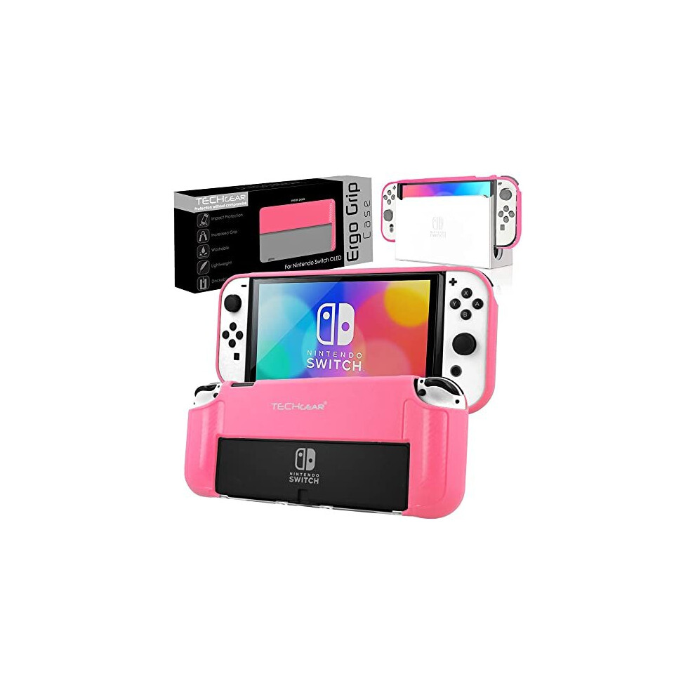 (Pink) TECHGEAR Ergo Grip Case for Nintendo Switch OLED, Soft Protective TPU Silicone Back Cover, Comfort Padded Hand Grips Dock, Stand & Joy-Con Comp