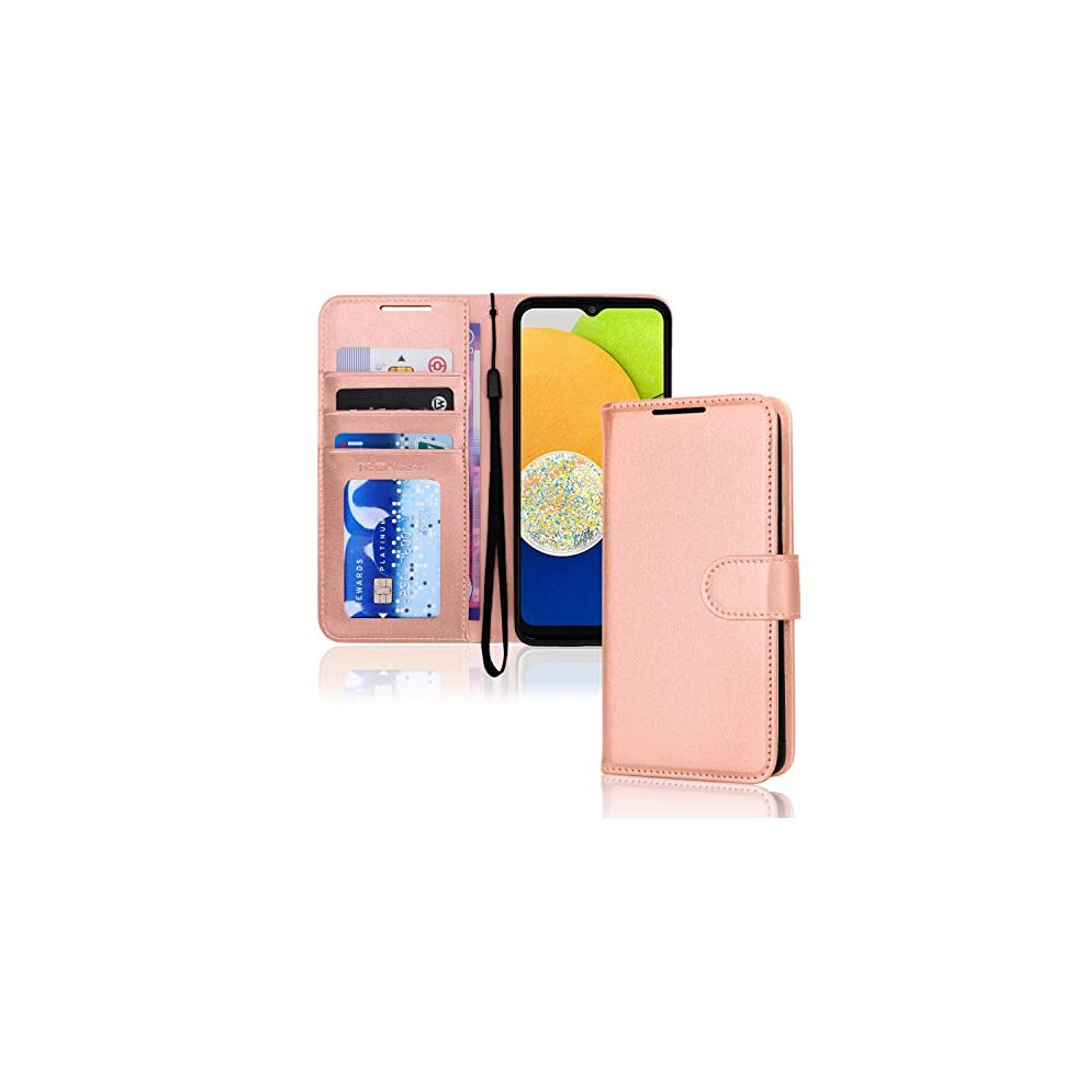 (Rose Gold) TECHGEAR Galaxy A03 Leather Wallet Case, Flip Protective Case Cover with Wallet Card Holder, Stand and Wrist Strap - PU Leather with Magne