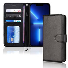 (Black) iPhone 13 Pro Leather Wallet Case, Flip Protective Case Cover with Wallet Card Holder, Stand and Wrist Strap - PU Leather with Magnetic Closure
