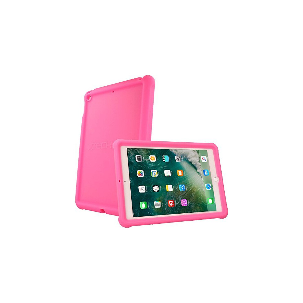 (PINK) TECHGEAR Bumper Case fits iPad 9.7" (2018/2017) Rugged Shock Proof Soft Silicone Protective Case + Screen Film - Kids & School Friendly Case