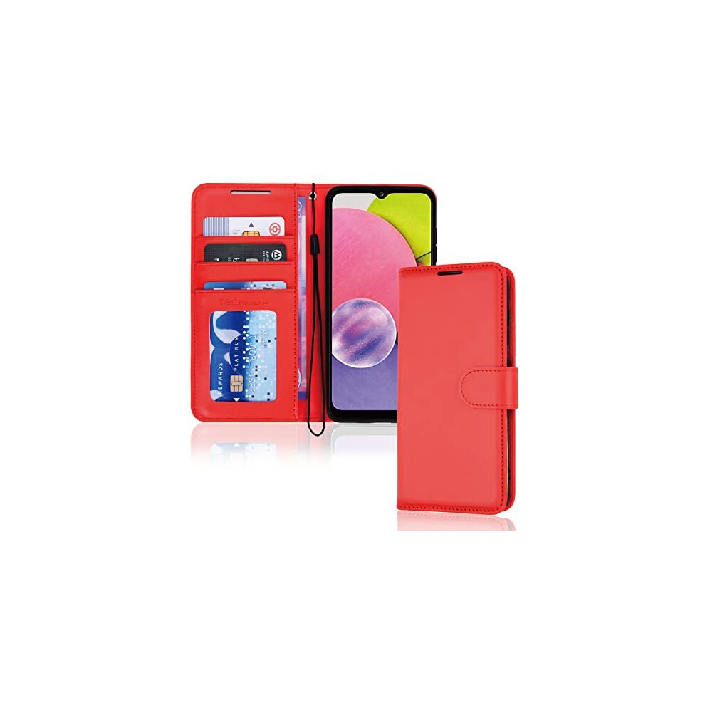 (Red) Samsung Galaxy A03s Leather Wallet Case, Flip Protective Case Cover with Wallet Card Holder, Stand and Wrist Strap - PU Leather with Magnetic Cl