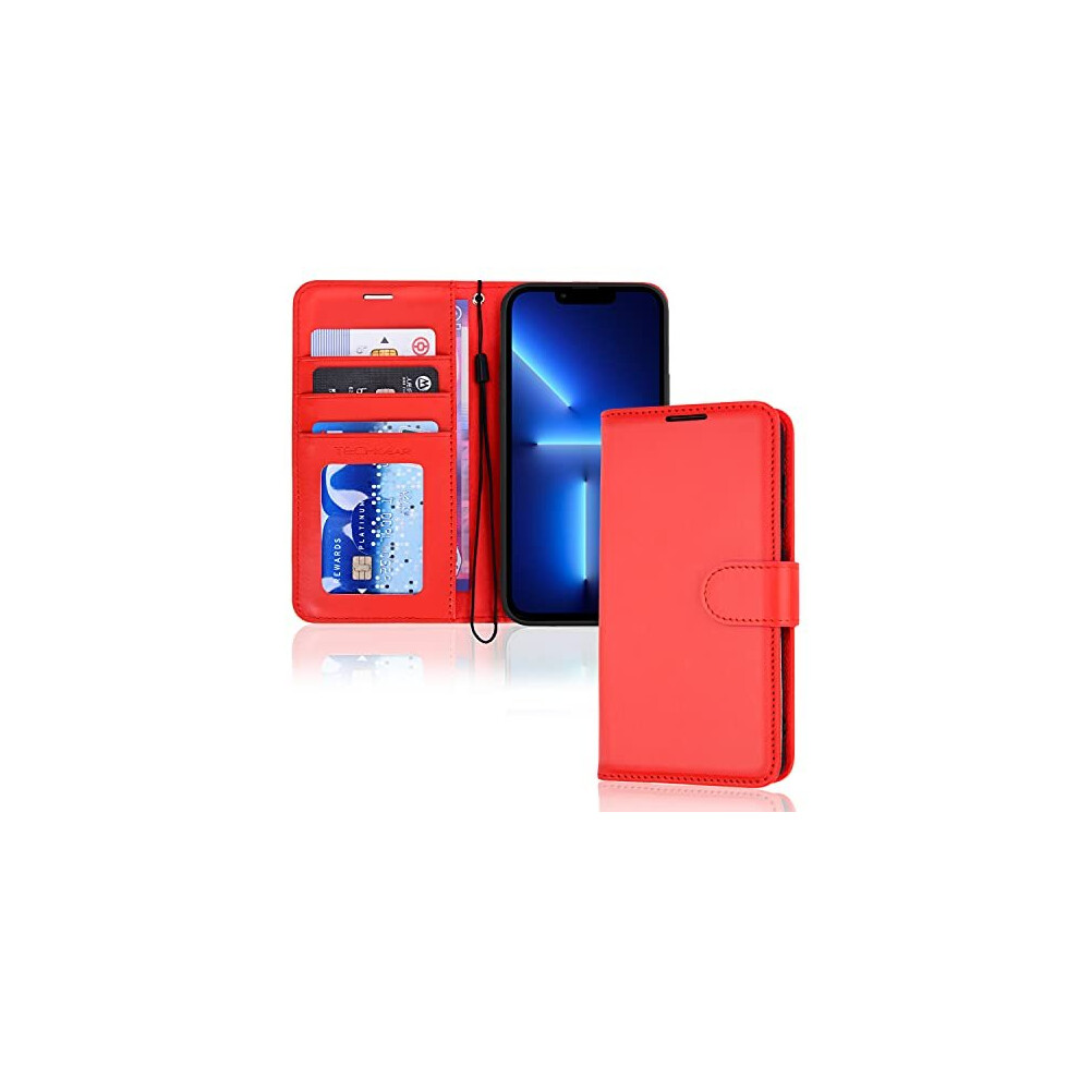 (Red) iPhone 13 Pro Leather Wallet Case, Flip Protective Case Cover with Wallet Card Holder, Stand and Wrist Strap - PU Leather with Magnetic Closure