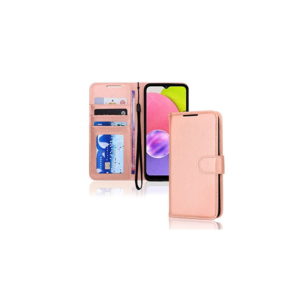 (Rose Gold) Samsung Galaxy A03s Leather Wallet Case, Flip Protective Case Cover with Wallet Card Holder, Stand and Wrist Strap - PU Leather with Magne