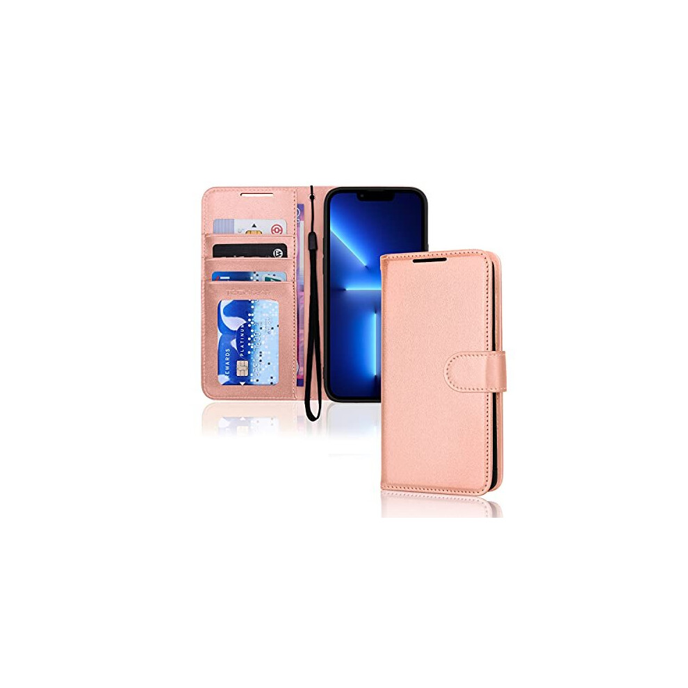 (Rose Gold) iPhone 13 Pro Max Leather Wallet Case, Flip Protective Case Cover with Wallet Card Holder, Stand and Wrist Strap - PU Leather with Magneti