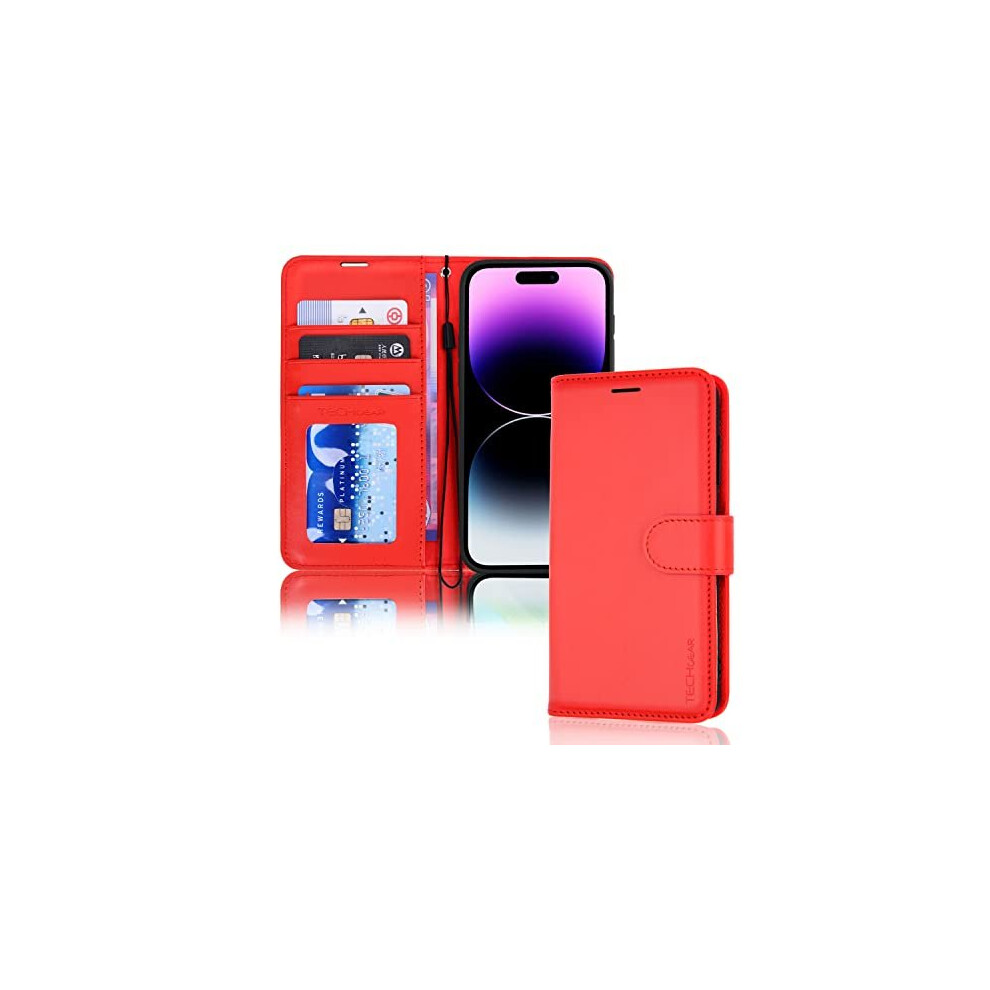 (Red) TECHGEAR iPhone 14 Pro Leather Wallet Case, Flip Protective Case with Wallet Card Holder, Stand and Wrist Strap - PU Leather with Magnetic Closu