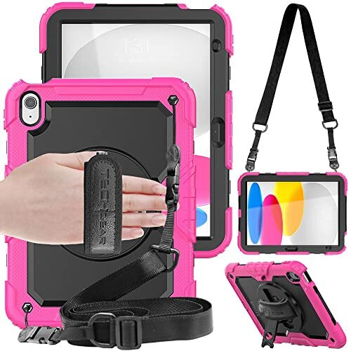 (PINK) TECHGEAR UTILITY Case for Apple iPad 10 2022 [10th Generation] HEAVY DUTY Shockproof Case 360 Degree Rotating Stand, Hand and Shoulder Strap Case