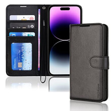 (Black) TECHGEAR iPhone 14 Pro Leather Wallet Case, Flip Protective Case with Wallet Card Holder, Stand and Wrist Strap - PU Leather with Magnetic Closure
