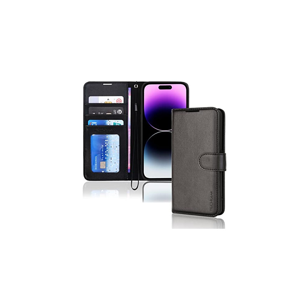 (Black) TECHGEAR iPhone 14 Pro Leather Wallet Case, Flip Protective Case with Wallet Card Holder, Stand and Wrist Strap - PU Leather with Magnetic Clo-image-OPC-PBFFP8D-NEW