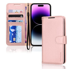 (Pink) TECHGEAR iPhone 14 Pro Leather Wallet Case, Flip Protective Case with Wallet Card Holder, Stand and Wrist Strap - PU Leather with Magnetic Closure