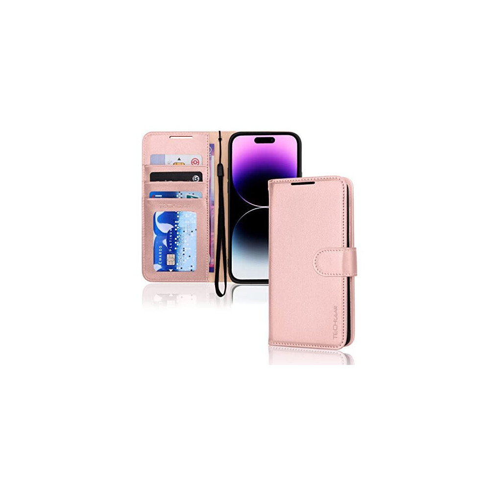 Techgear (Pink) Iphone 14 Pro Leather Wallet Case, Flip Protective Case With Wallet Card Holder, Stand And Wrist Strap - Pu Leather With Magnetic Clos