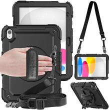 (ALL BLACK) TECHGEAR UTILITY Case for Apple iPad 10 2022 [10th Generation] HEAVY DUTY Shockproof Case 360 Degree Rotating Stand, Hand and Shoulder Strap Case