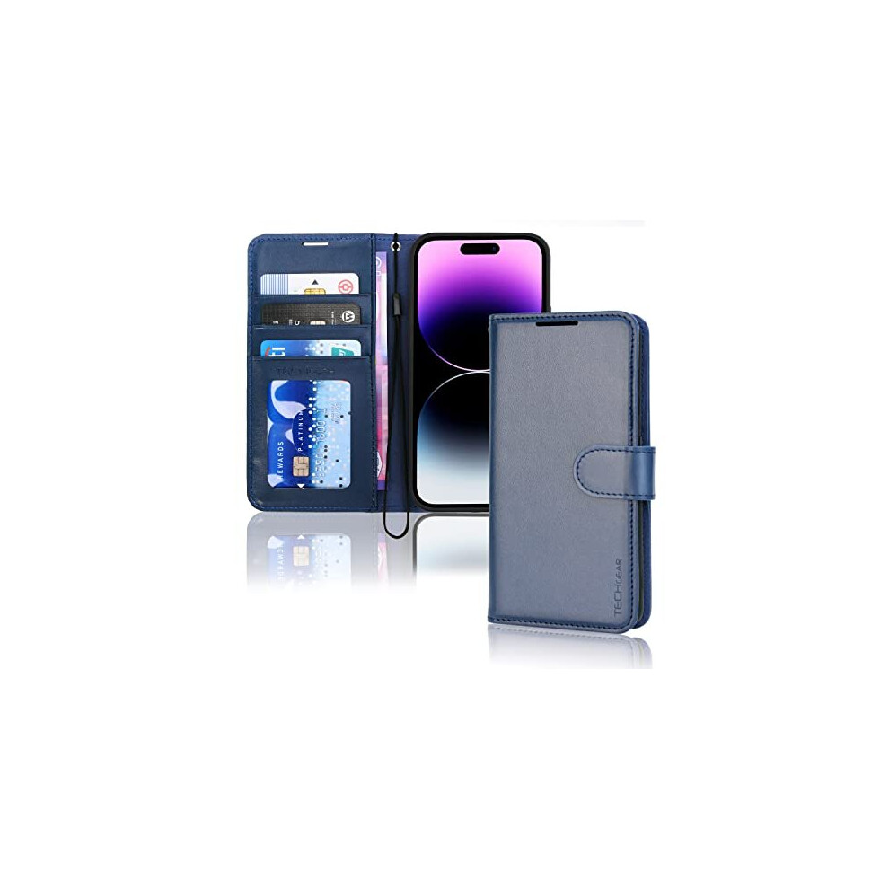 Techgear (Blue) Iphone 14 Pro Leather Wallet Case, Flip Protective Case With Wallet Card Holder, Stand And Wrist Strap - Pu Leather With Magnetic Clos
