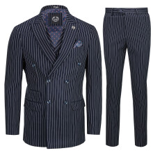 (46, Navy Blue) Xposed Mens Navy 3 Piece Double Breasted Chalk Stripe Suit Classic Vintage Tailored Fit