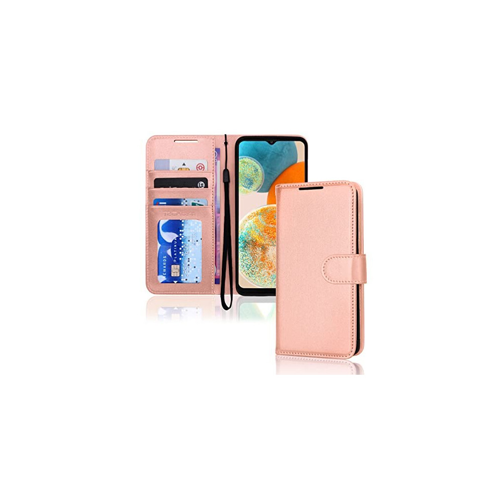 (Rose Gold) Samsung Galaxy A23 5G Leather Wallet Case, Flip Protective Cover with Wallet Card Holder, Stand and Wrist Strap - PU Leather with Magnetic