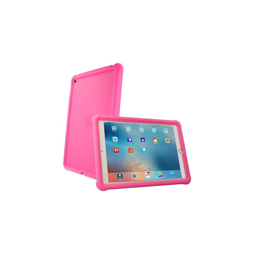 (PINK) Bumper Case fits iPad Pro 9.7" Rugged Heavy Duty Anti-Shock Rubber Edge Protective Easy Grip Case + Screen Film - Kids & School Friendly Case