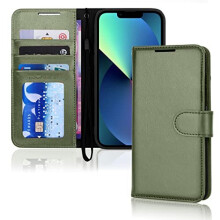 (Green) iPhone 13 Leather Wallet Case, Flip Protective Case Cover with Wallet Card Holder, Stand and Wrist Strap - Black PU Leather with Magnetic Closure
