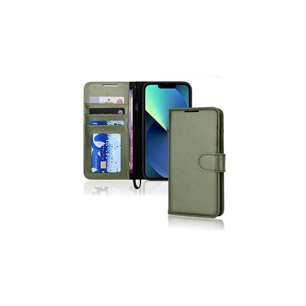 Techgear (Green) Iphone 13 Leather Wallet Case, Flip Protective Case Cover With Wallet Card Holder, Stand And Wrist Strap - Black Pu Leather With Magnetic Clos