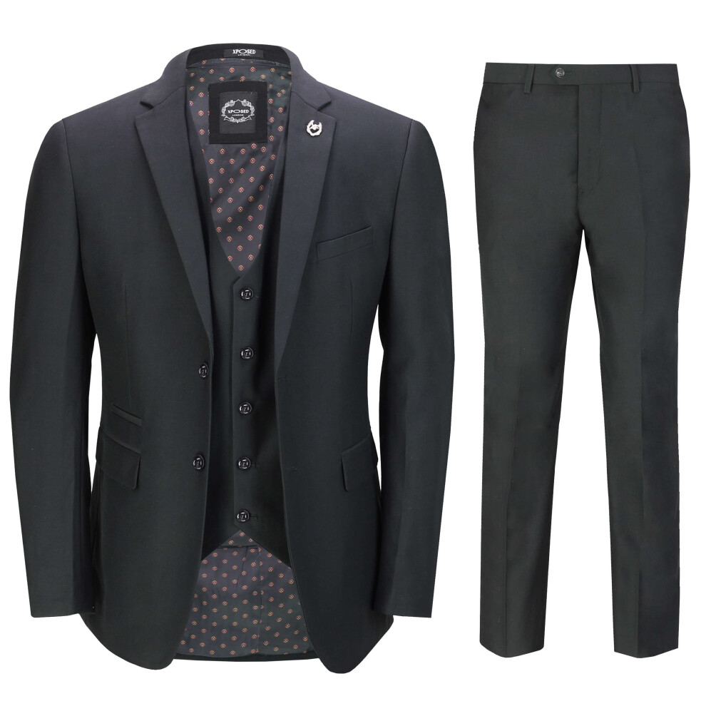 (38, Black) Mens 3 Piece Suit in Red Smart Formal Wedding Party Retro Tailored Fit Jacket