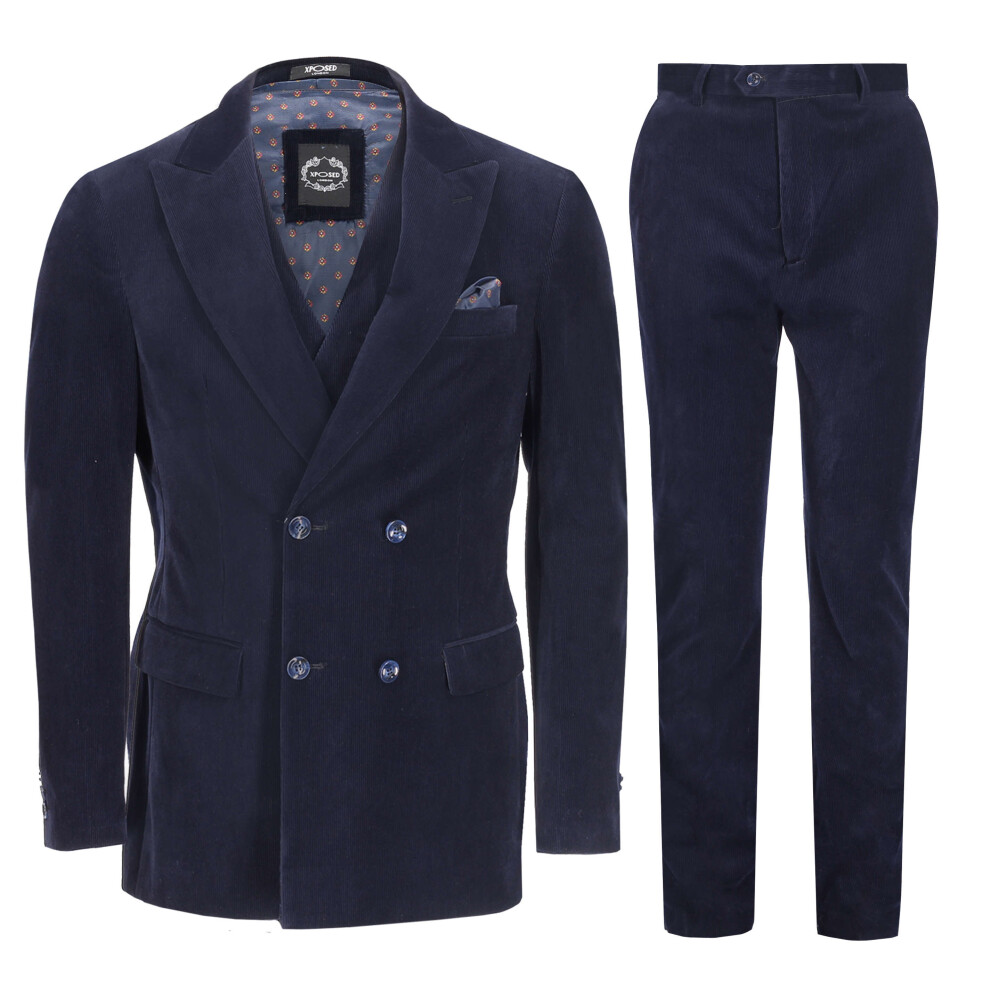 (54, Navy Blue) MATTHEW  Mens 3 Piece Corduroy Suit Classic Double Breasted Peak Lapels Retro Tailored Fit