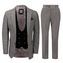 (36, Grey) Mens Houndstooth Check Suit 3 Piece Classic Wool Blend Tailored Fit Jacket Waistcoat Trouser