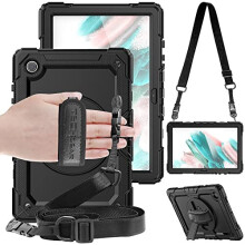 (BLACK) TECHGEAR UTILITY Case fits Samsung Galaxy Tab A8 10.5" (SM-X200 / SM-X205) HEAVY DUTY Shockproof Case with 360 Rotating Stand, Hand and Shoulder Strap