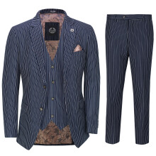 (48, Blue) Mens Classic 3 Piece Pin Stripe Grey Suit Retro 1920s Tailored Fit