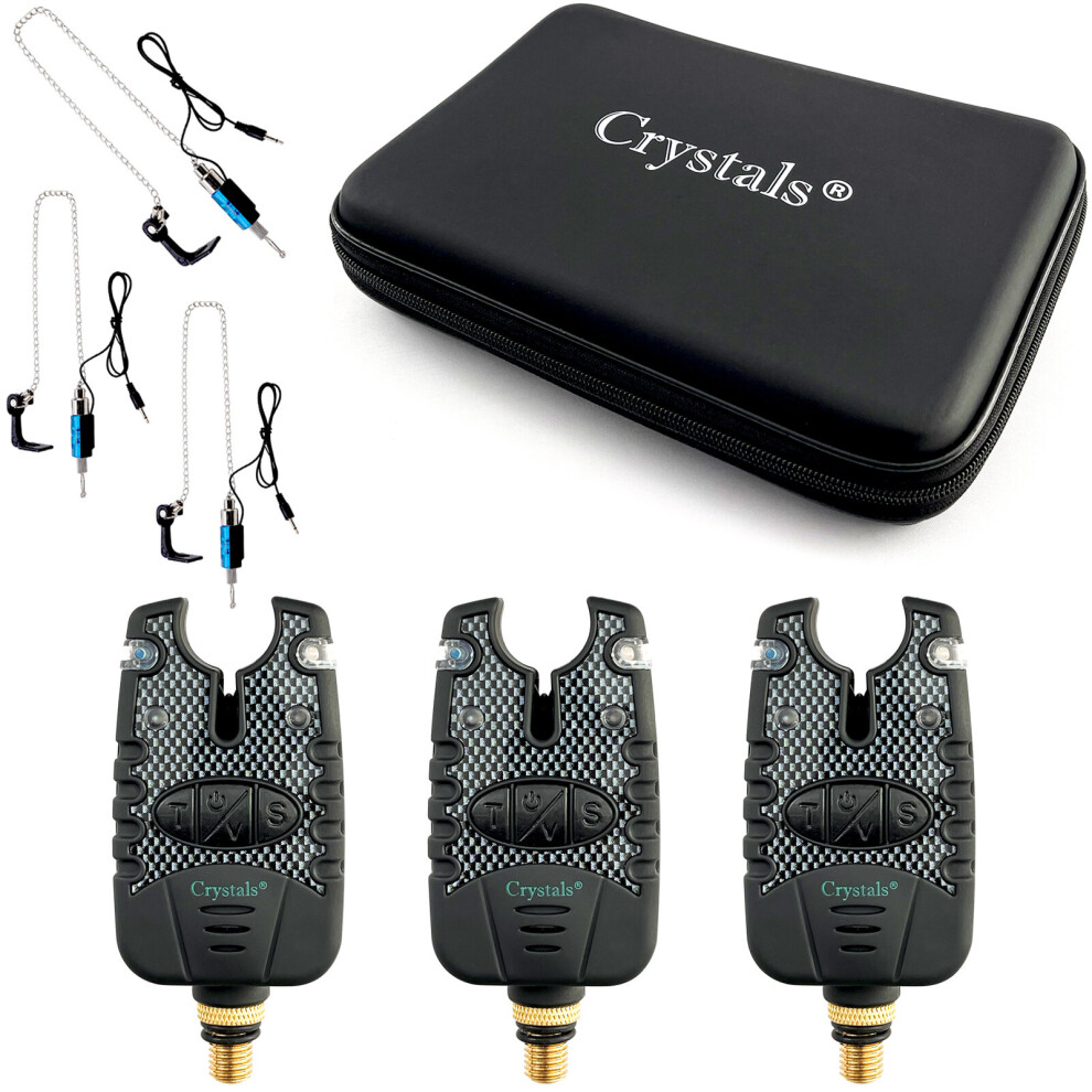 (3Pc Bite Alarm - 3Pc Swingers) Carp Fishing Bite Alarm and illuminated Swinger Set Blue LED Volume tone Case