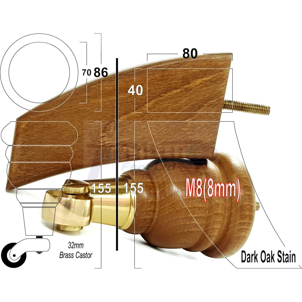 2X Dark Oak Stain 155Mm High Wood Furniture Legs With Brass Castor & 2 Curved Back Feet Settee Chairs, Sofas M8 Tsp2007-image-OPC-PBFFVBN-NEW
