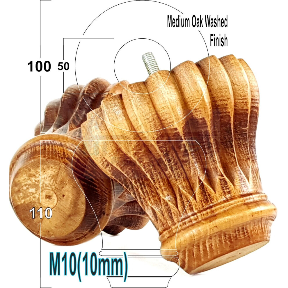 Set Of 4 Replacement Furniture Bun Feet Medium Oak Wash Turned Wooden Legs 110Mm High M10 (10Mm)-image-OPC-PBFFV8V-NEW