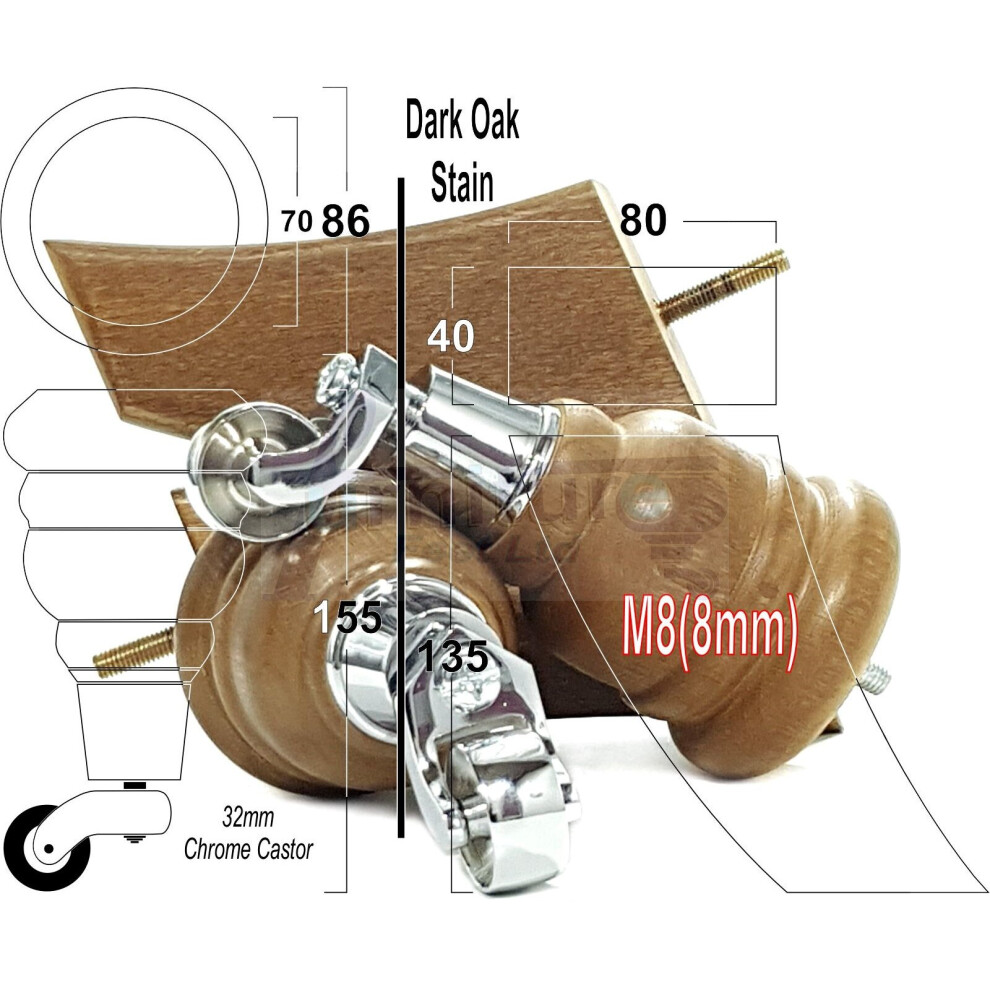 2X Dark Oak Stain 155Mm High Wood Furniture Legs With Chrome Castor & 2 Curved Back Feet Settee Chairs, Sofas M8 Tsp2007-image-OPC-PBFFVCK-NEW