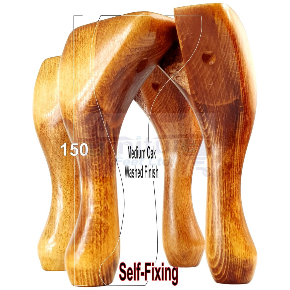 Queen Anne Wooden Legs 150Mm High Set Of 4 Medium Oak Wash Replacement Furniture Feet Chairs Sofas Footstools (Self Fixed)-image-OPC-PBFFVYM-NEW