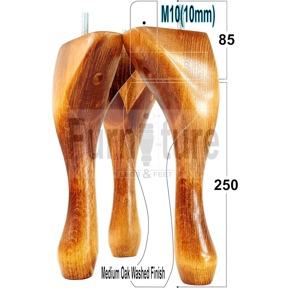Queen Anne Wooden Legs 250Mm High Set Of 4 Medium Oak Wash Replacement Furniture Feet M10-image-OPC-PBFFVZG-NEW