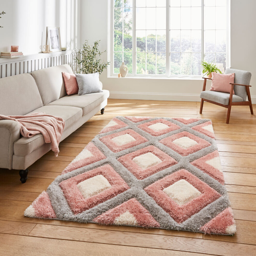 (Grey / Pink) Think Rugs Olympia GR224 Geometric Hand Carved Shaggy Rug
