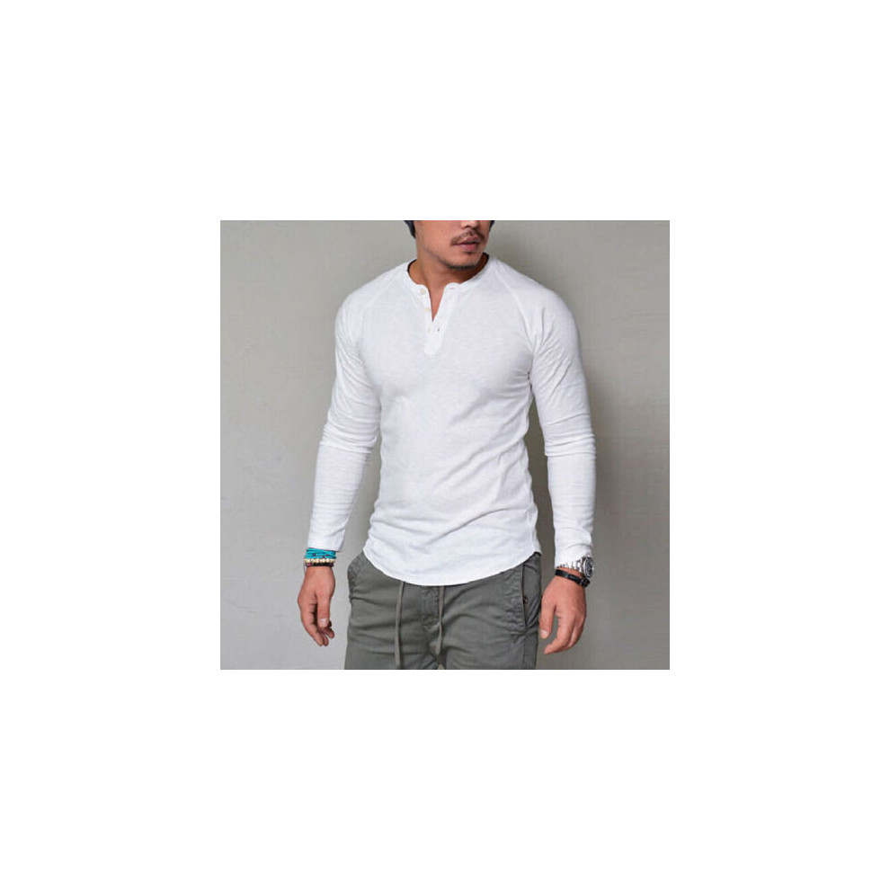 (White, 3XL) Men Long Sleeve Cotton Solid T-Shirt Casual Slim Fit Button Tops Tunic Basic Tee