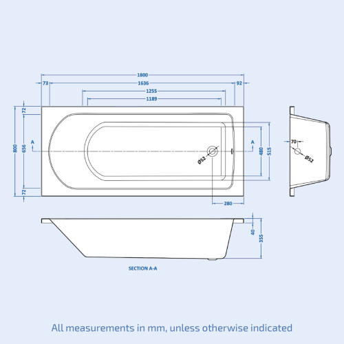 NES Home Single Ended Bath Tub Rectangular 1800mm x 800mm White Acrylic with Legs 2