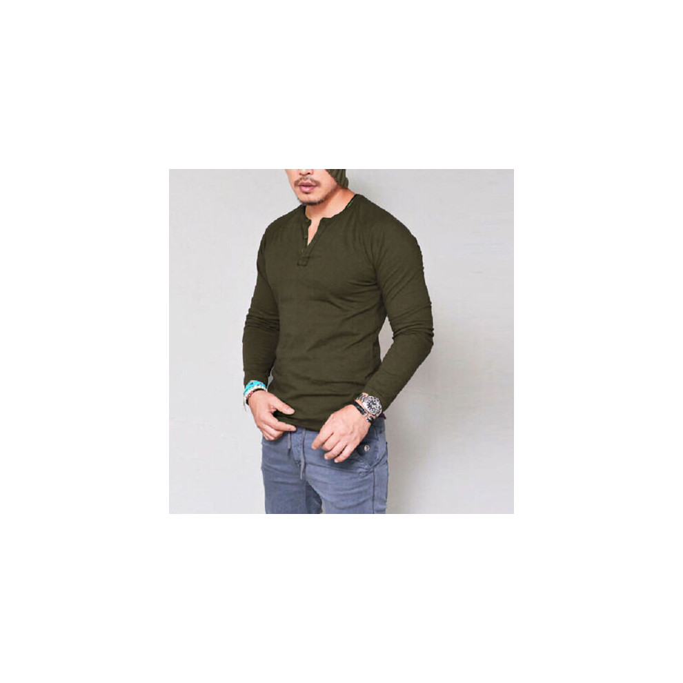 (Army Green, S) Men Long Sleeve Cotton Solid T-Shirt Casual Slim Fit Button Tops Tunic Basic Tee