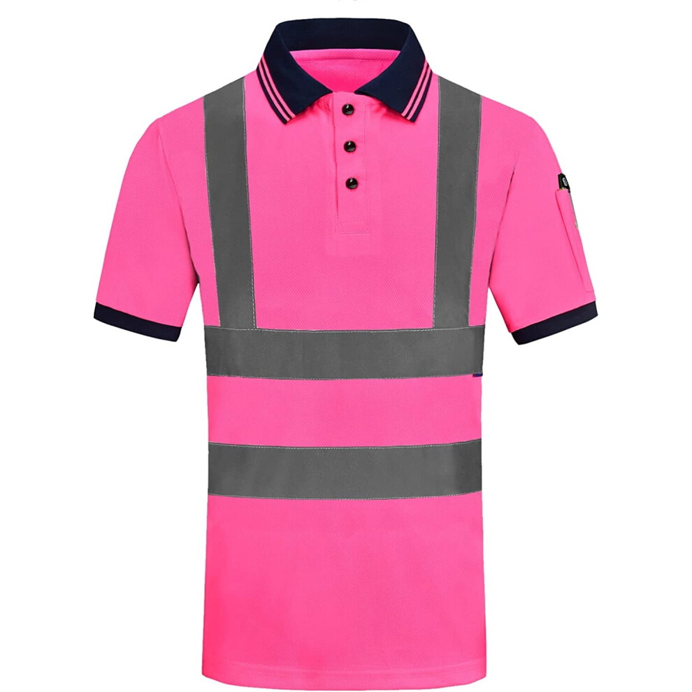 (Pink, L) Hi-Vis Safety Work Polo Shirt hi vis Polo Shirt