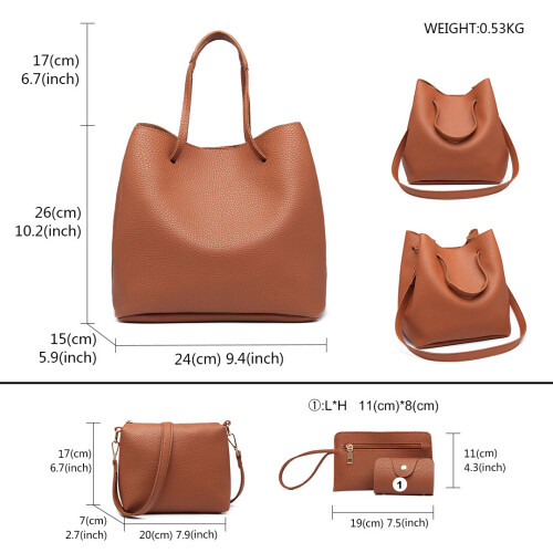 Miss Lulu (Brown) Miss LuLu 4 Piece Set Shoulder Tote Handbag 1