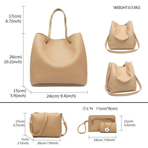 Miss Lulu (Beige) 4 Piece Set Shoulder Tote Handbag 1