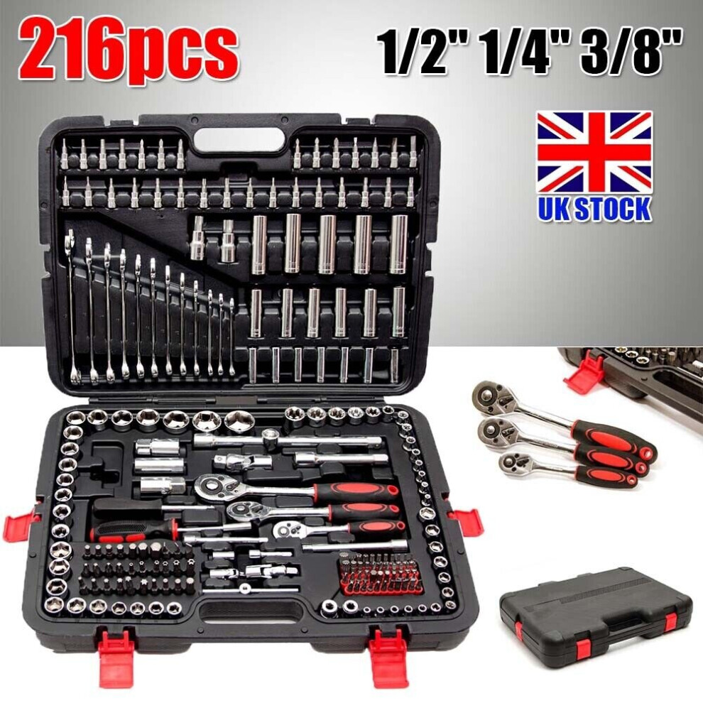 216Pcs Ratchet Spanner Socket Set 1/2" 1/4" 3/8" Tool Kit Toolbox 091325001438
