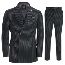 (44, Black) Mens 3 Piece Black Pinstripe Suit Double Breasted Retro Gangsters 1920s Blinders Styled Peak