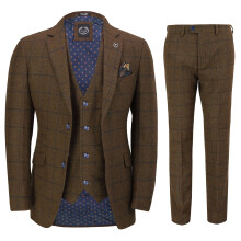 (36, Dark Oak Brown) Mens Classic Tweed 3 Piece Suit Tan Brown Herringbone Navy Check Retro Tailored Fit