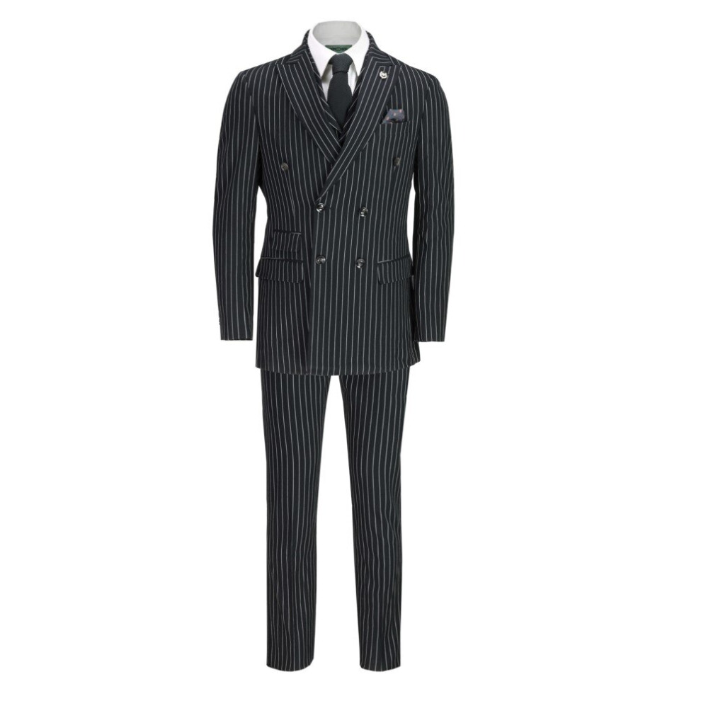 Mens 3 Piece Black Pinstripe Suit Double Breasted 1920s Blinders